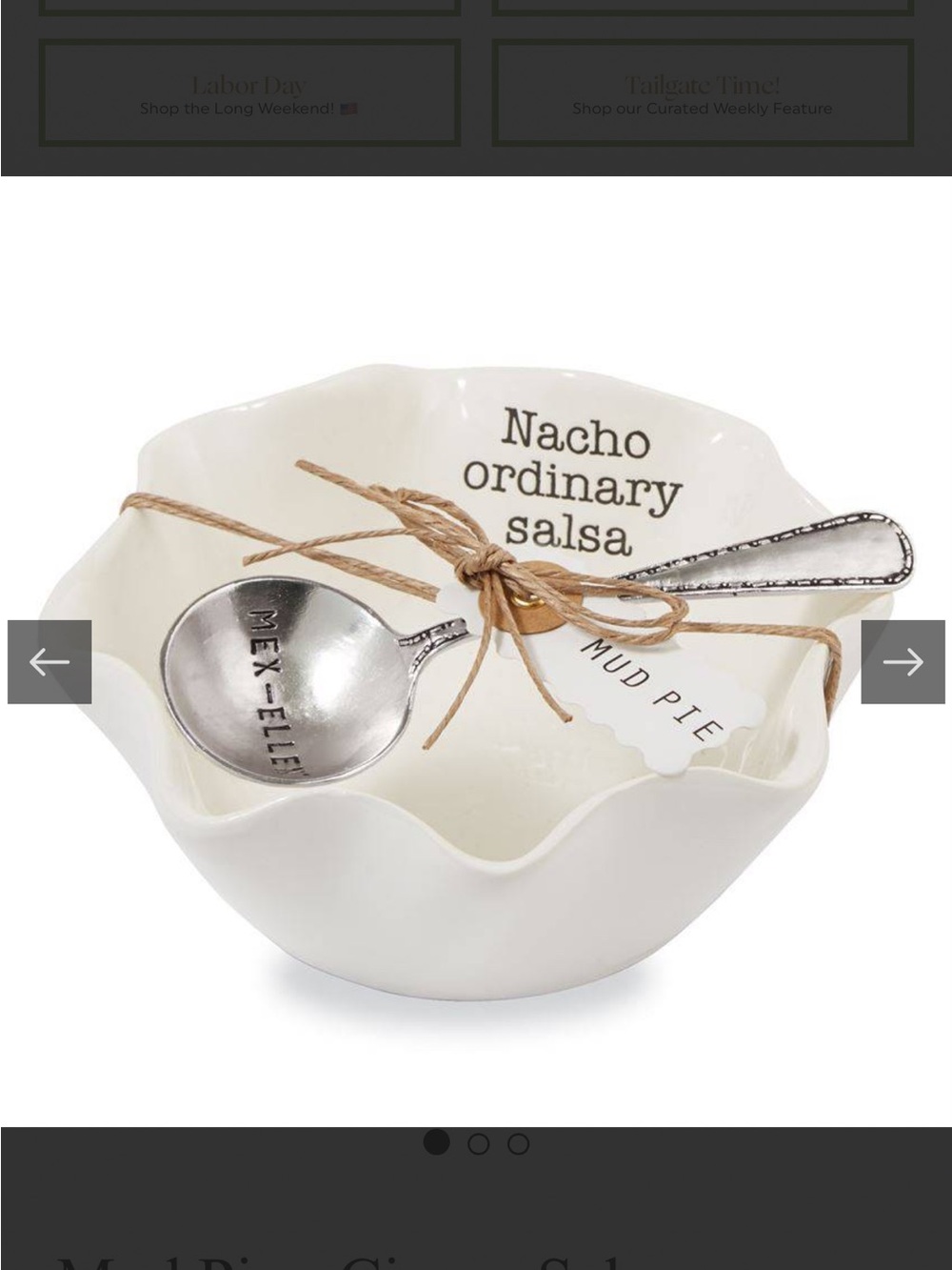 Mud Pie White “Nacho ordinary salsa” Ceramic Ruffled Dip Bowl with Spoon NWT
